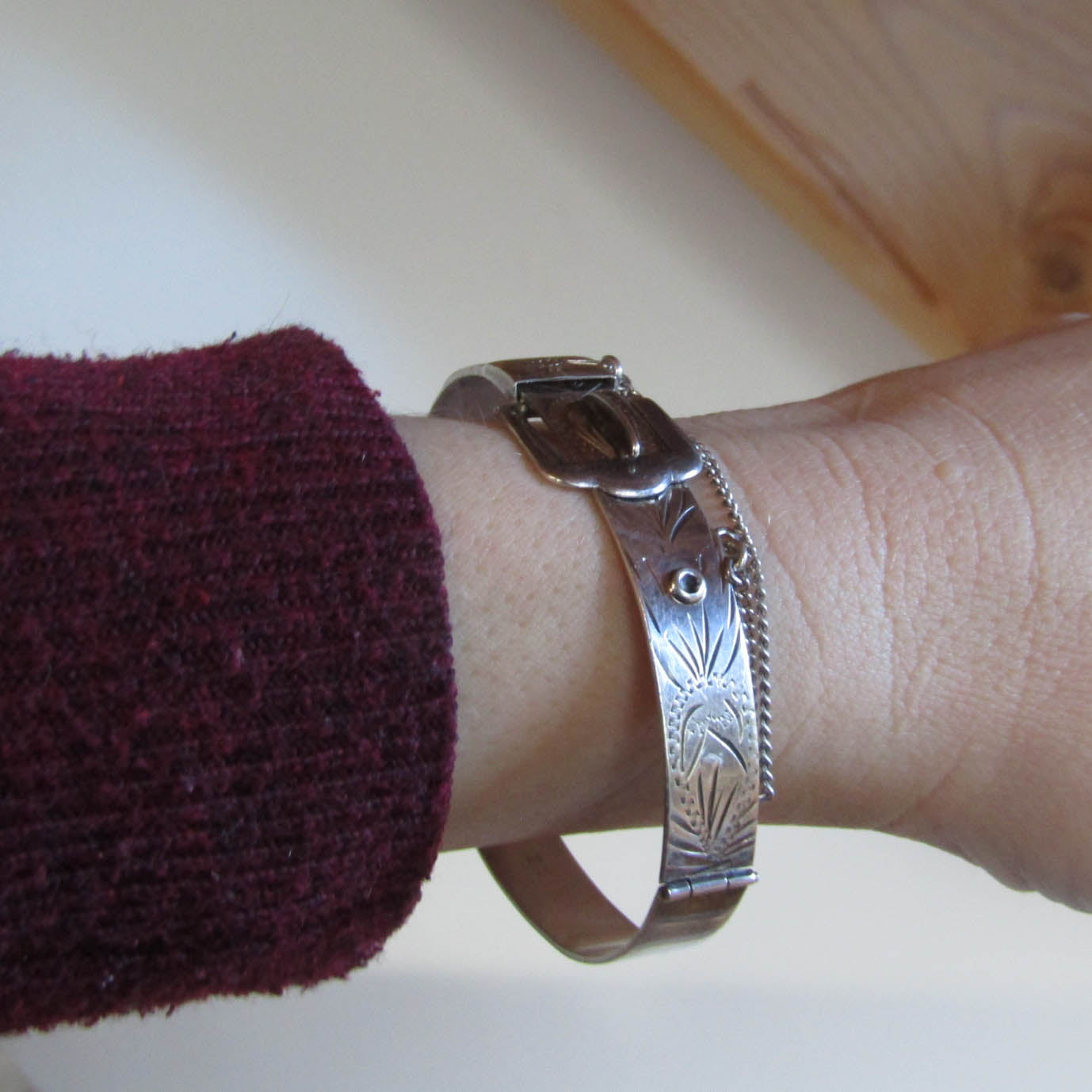 Vintage Sterling Silver Victorian Style Buckle Bracelet of English Origin c. 1971