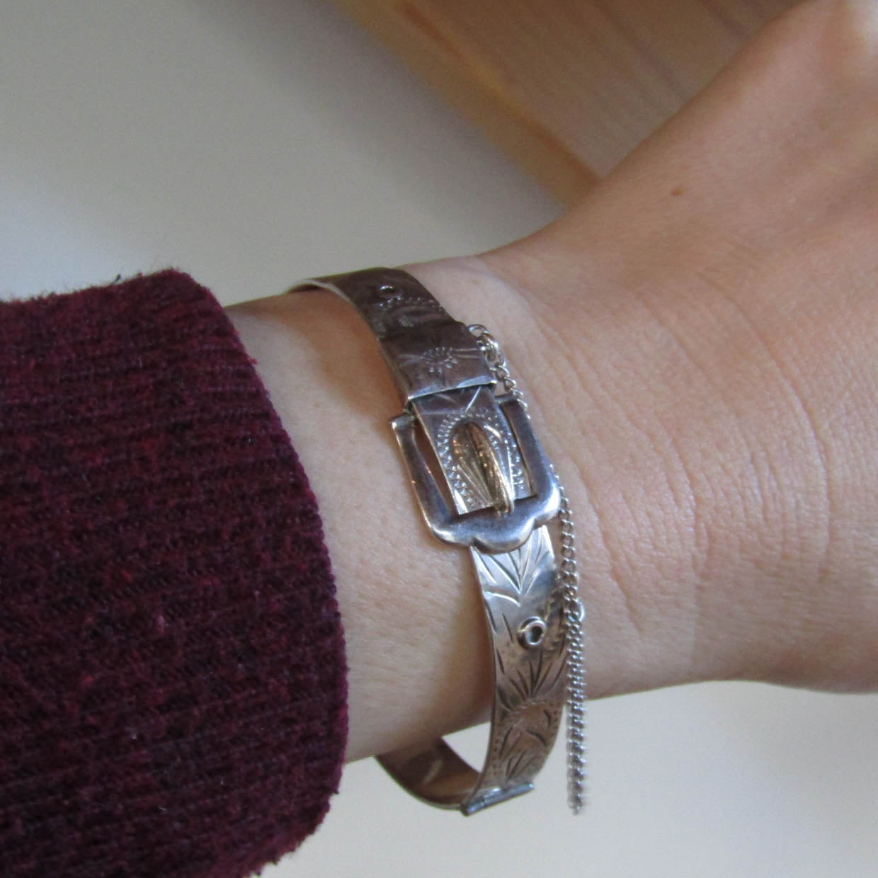 Vintage Sterling Silver Victorian Style Buckle Bracelet of English Origin c. 1971