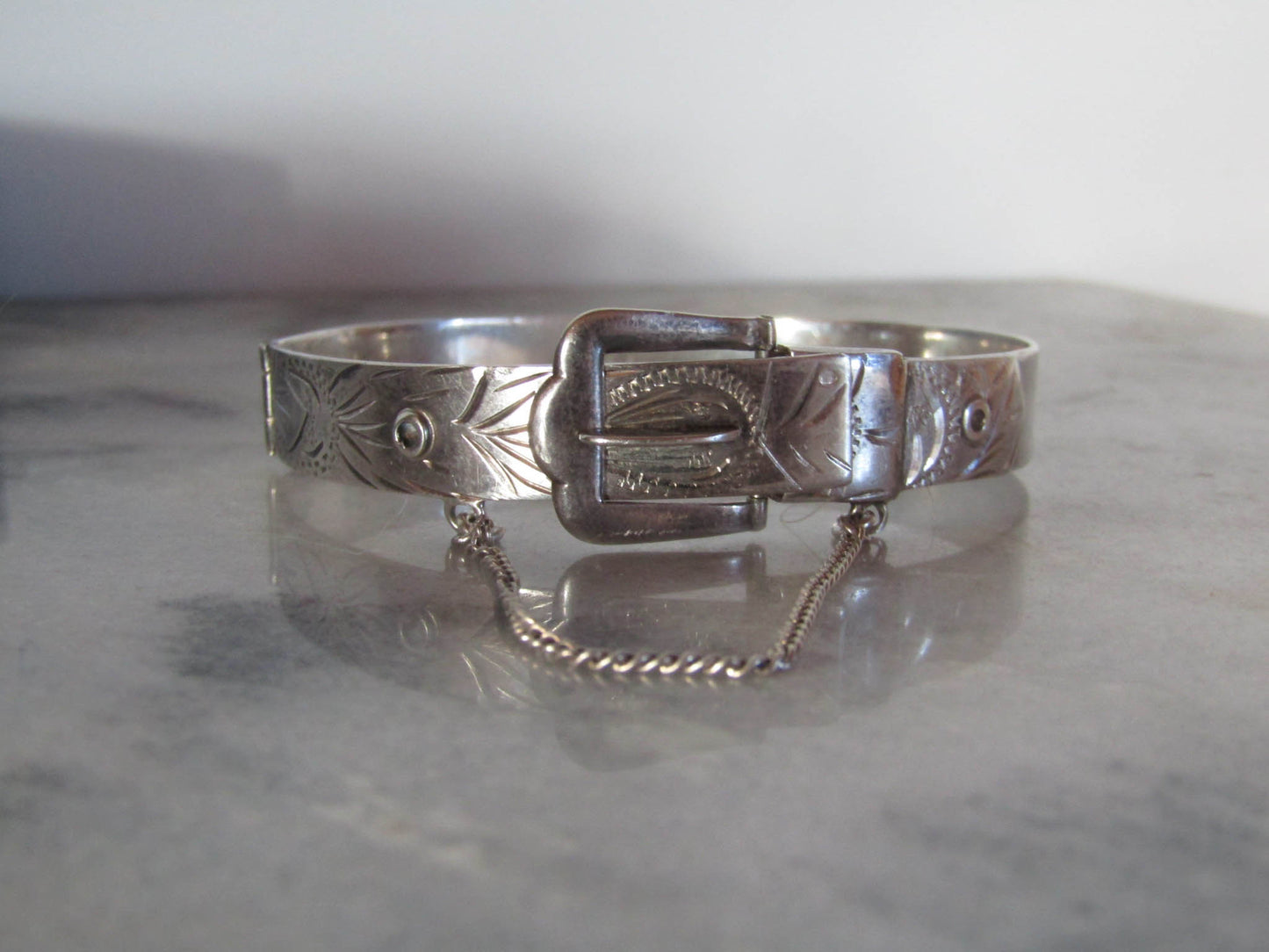 Vintage Sterling Silver Victorian Style Buckle Bracelet of English Origin c. 1971