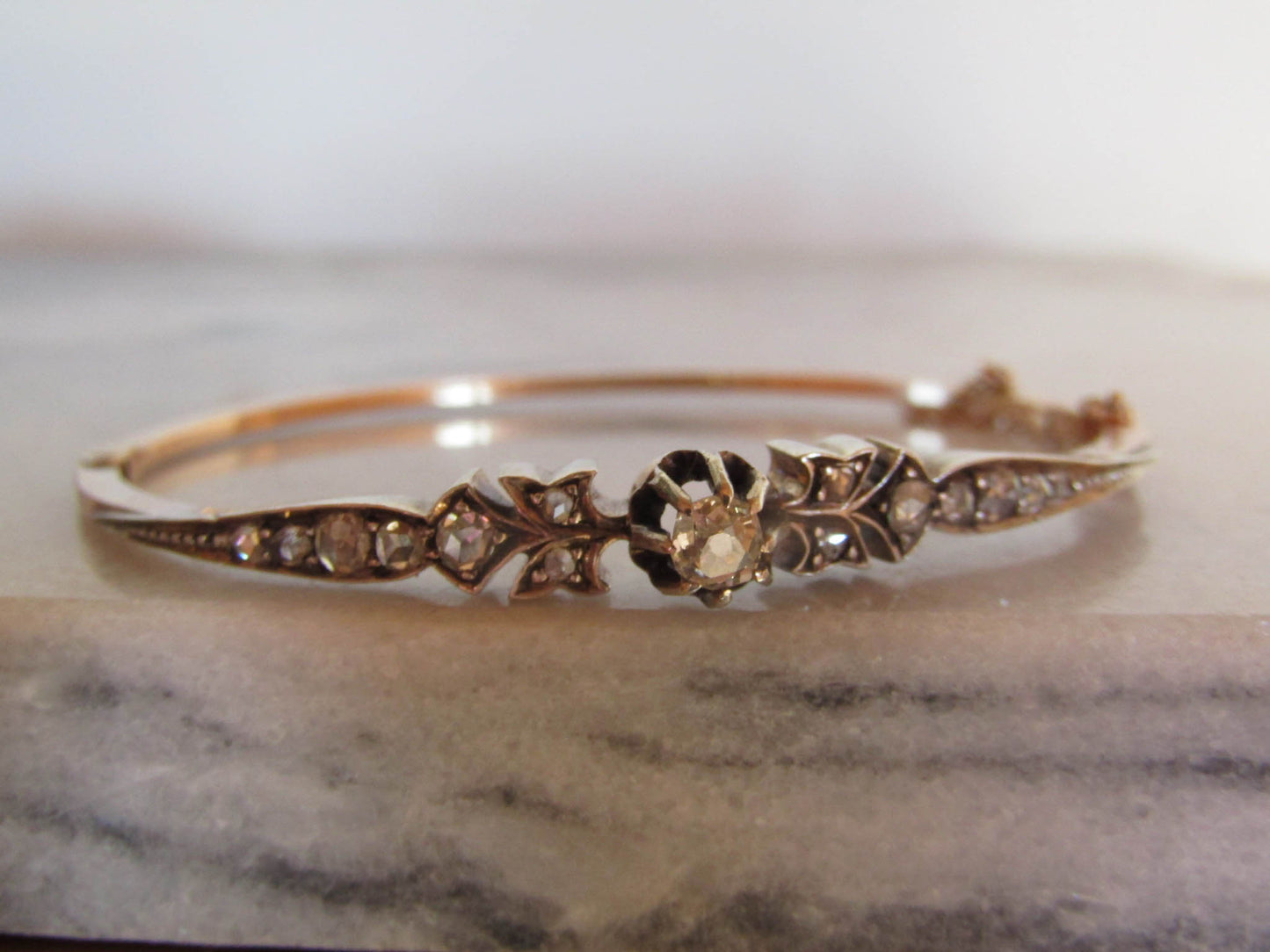 Antique Rose Cut Diamond Bangle: 18K Gold & Silver French Belle Epoque Bracelet