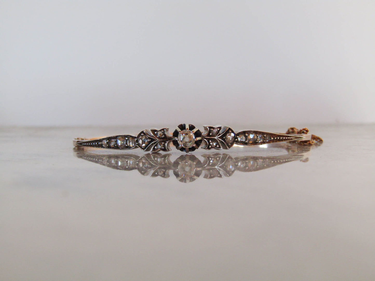 Antique Rose Cut Diamond Bangle: 18K Gold & Silver French Belle Epoque Bracelet