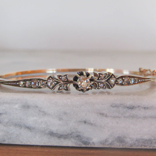 Antique Rose Cut Diamond Bangle: 18K Gold & Silver French Belle Epoque Bracelet
