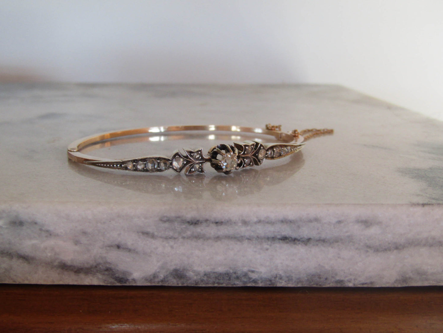 Antique Rose Cut Diamond Bangle: 18K Gold & Silver French Belle Epoque Bracelet