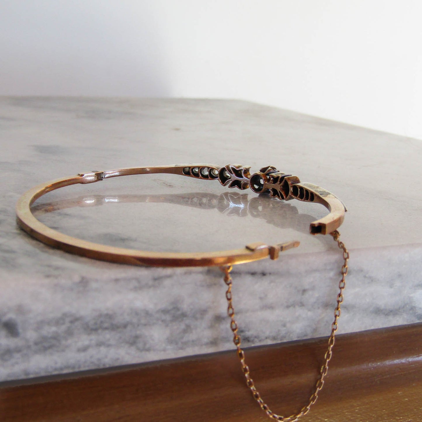 Antique Rose Cut Diamond Bangle: 18K Gold & Silver French Belle Epoque Bracelet
