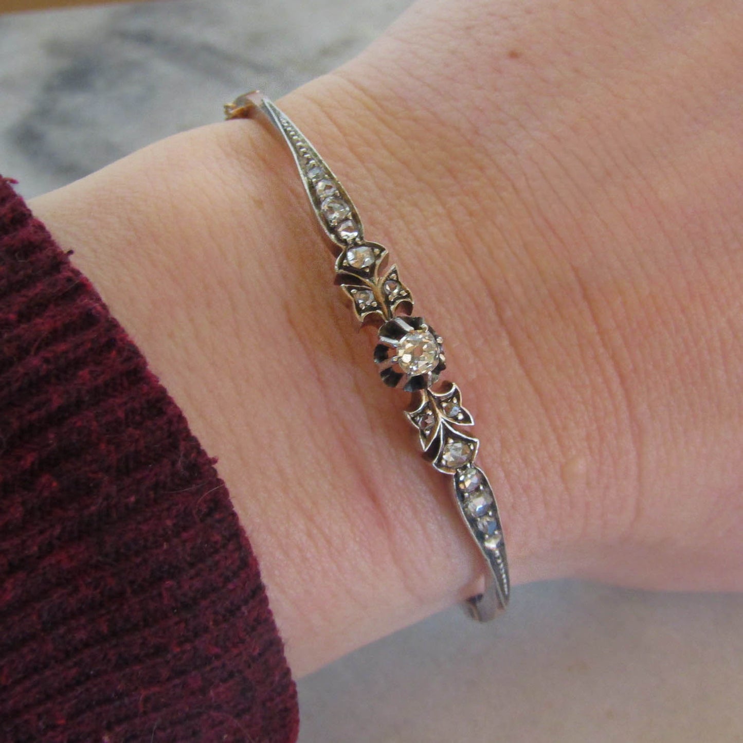 Antique Rose Cut Diamond Bangle: 18K Gold & Silver French Belle Epoque Bracelet
