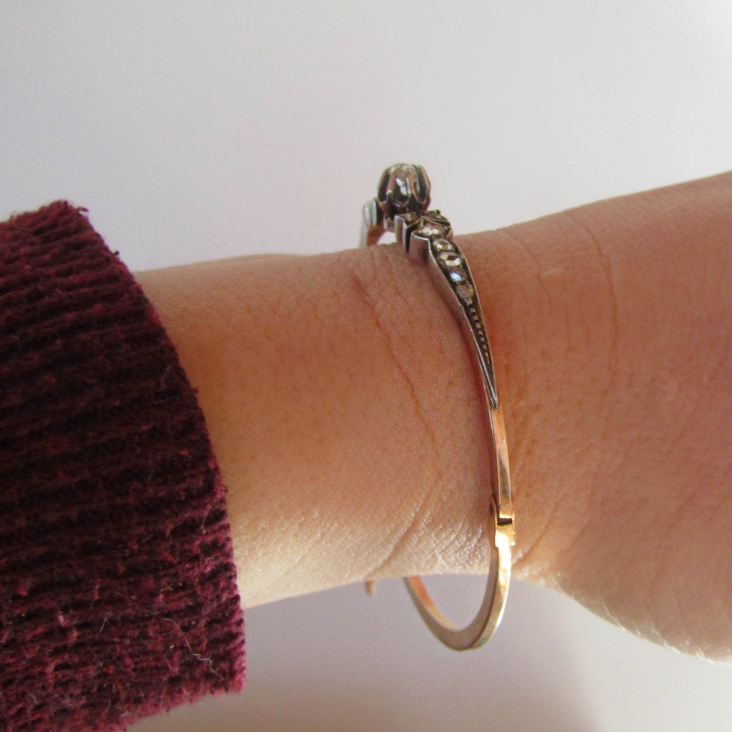 Antique Rose Cut Diamond Bangle: 18K Gold & Silver French Belle Epoque Bracelet