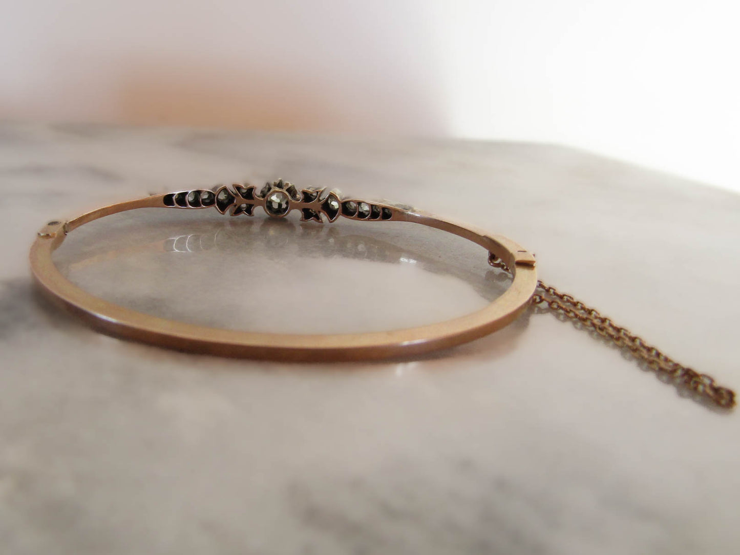 Antique Rose Cut Diamond Bangle: 18K Gold & Silver French Belle Epoque Bracelet