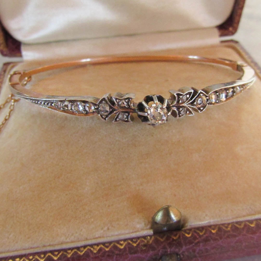 Antique Rose Cut Diamond Bangle: 18K Gold & Silver French Belle Epoque Bracelet