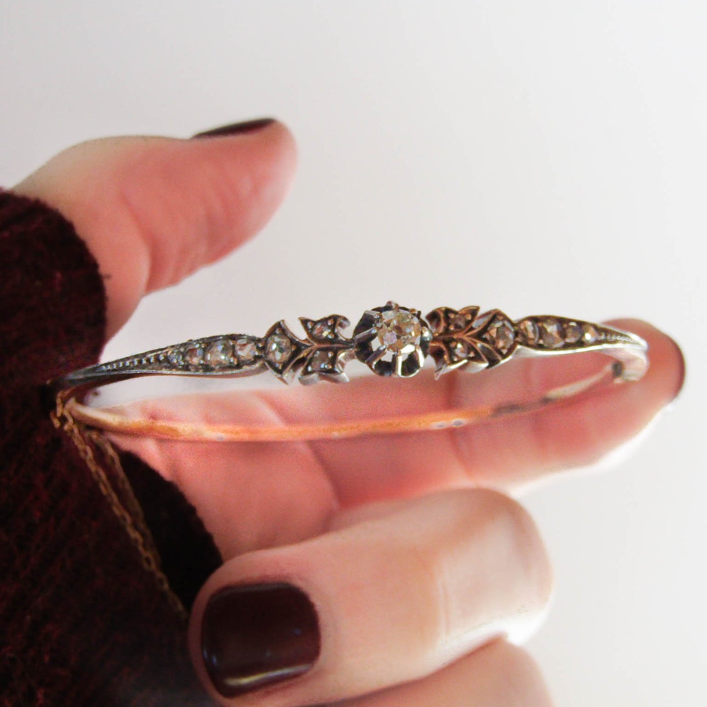 Antique Rose Cut Diamond Bangle: 18K Gold & Silver French Belle Epoque Bracelet