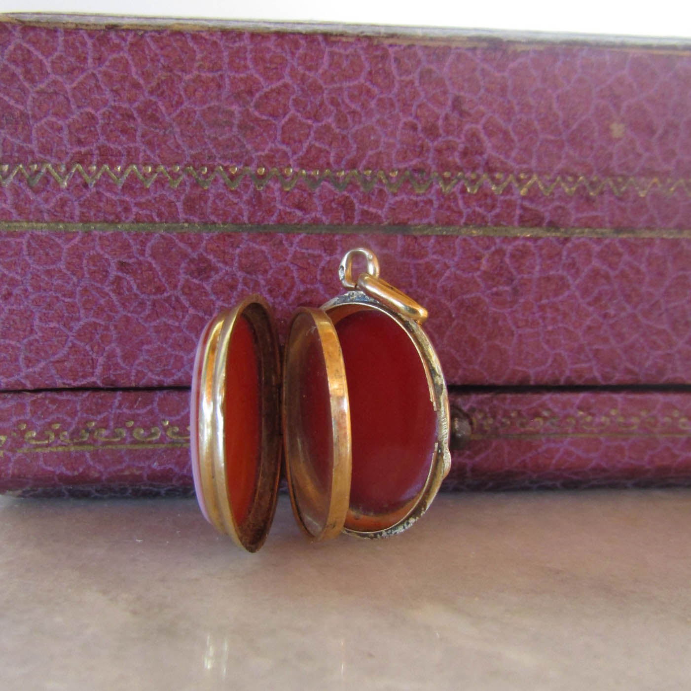 Antique French Victorian Red Agate Locket with Interior Glass
