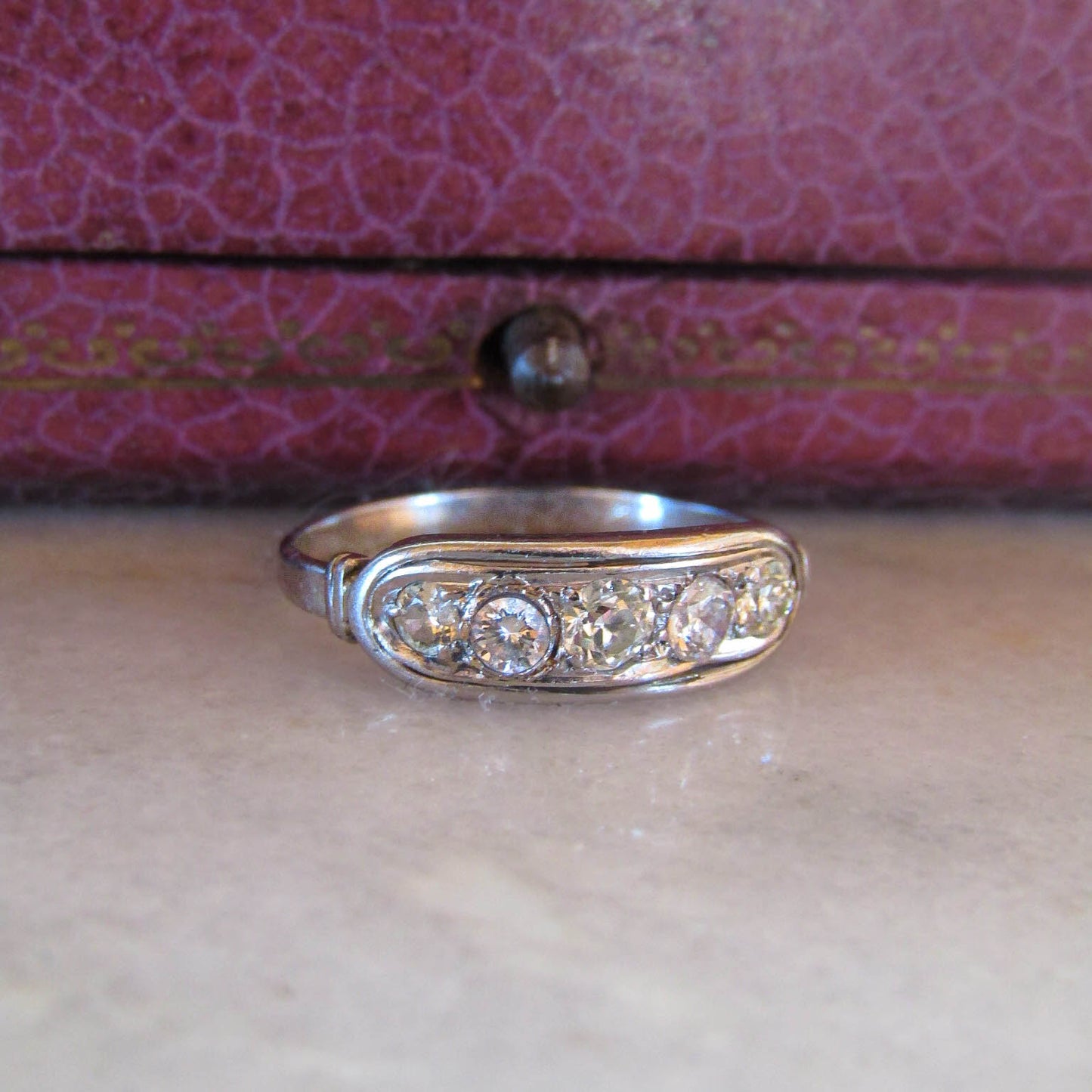 Antique French Art Deco Platinum and Diamond Band Engagement Ring c. 1920