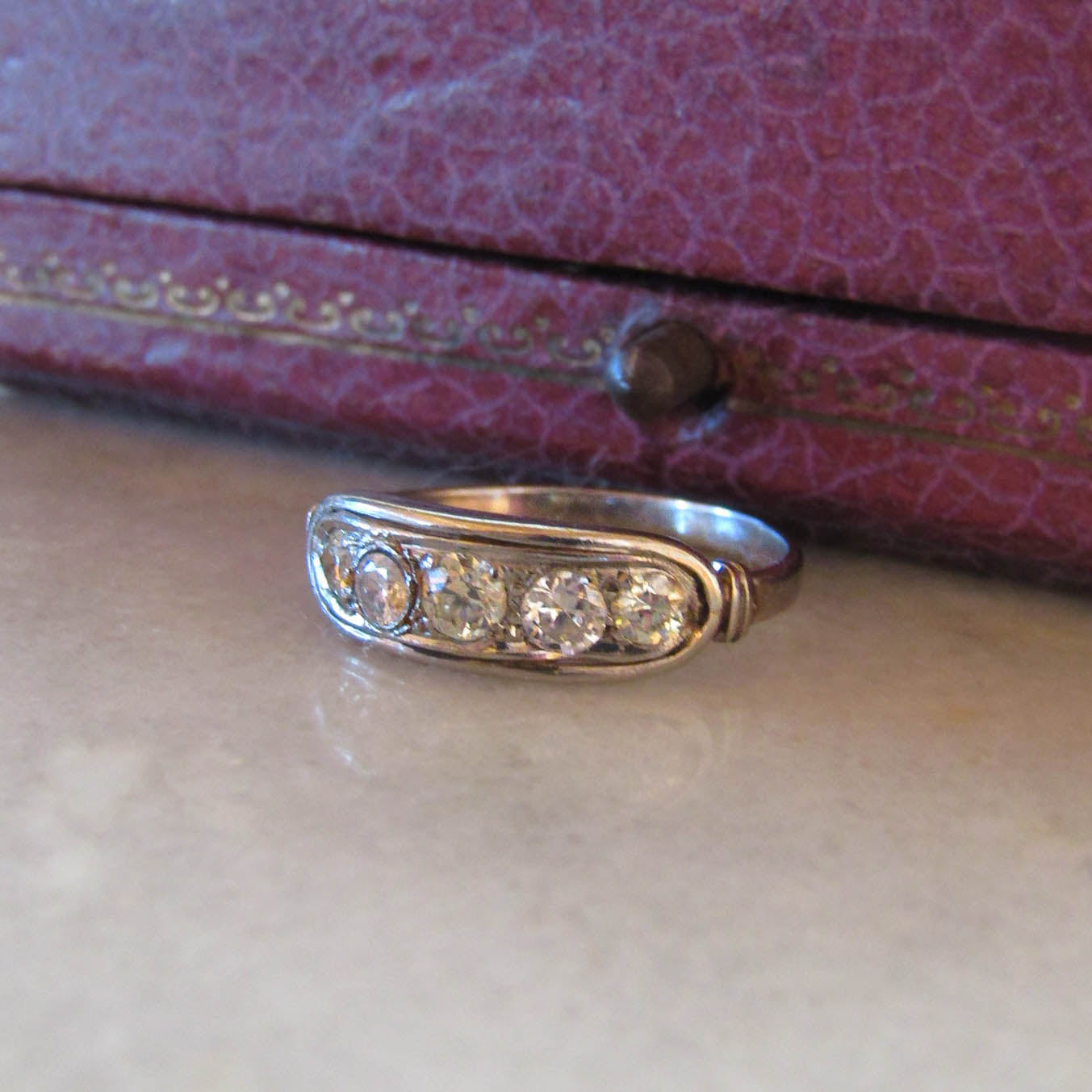 Antique French Art Deco Platinum and Diamond Band Engagement Ring c. 1920