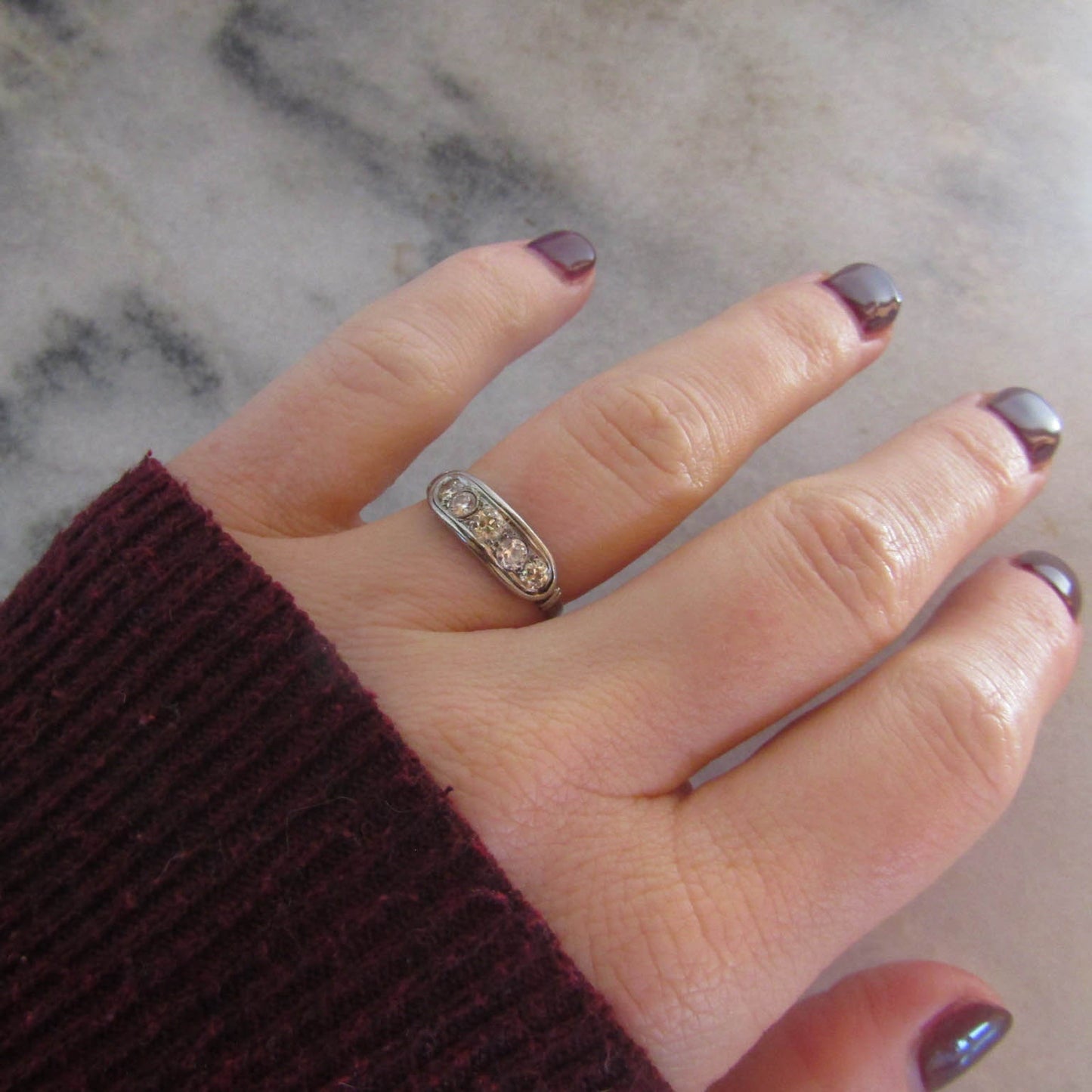 Antique French Art Deco Platinum and Diamond Band Engagement Ring c. 1920