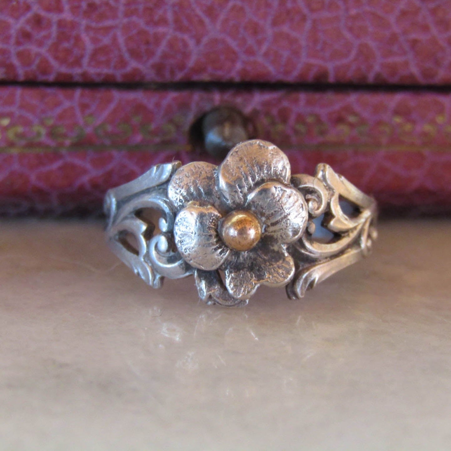 Antique French Silver Art Nouveau Dead Stock Pansy Romantic Ring c. 1900