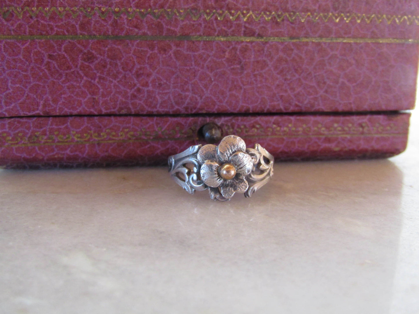 Antique French Silver Art Nouveau Dead Stock Pansy Romantic Ring c. 1900