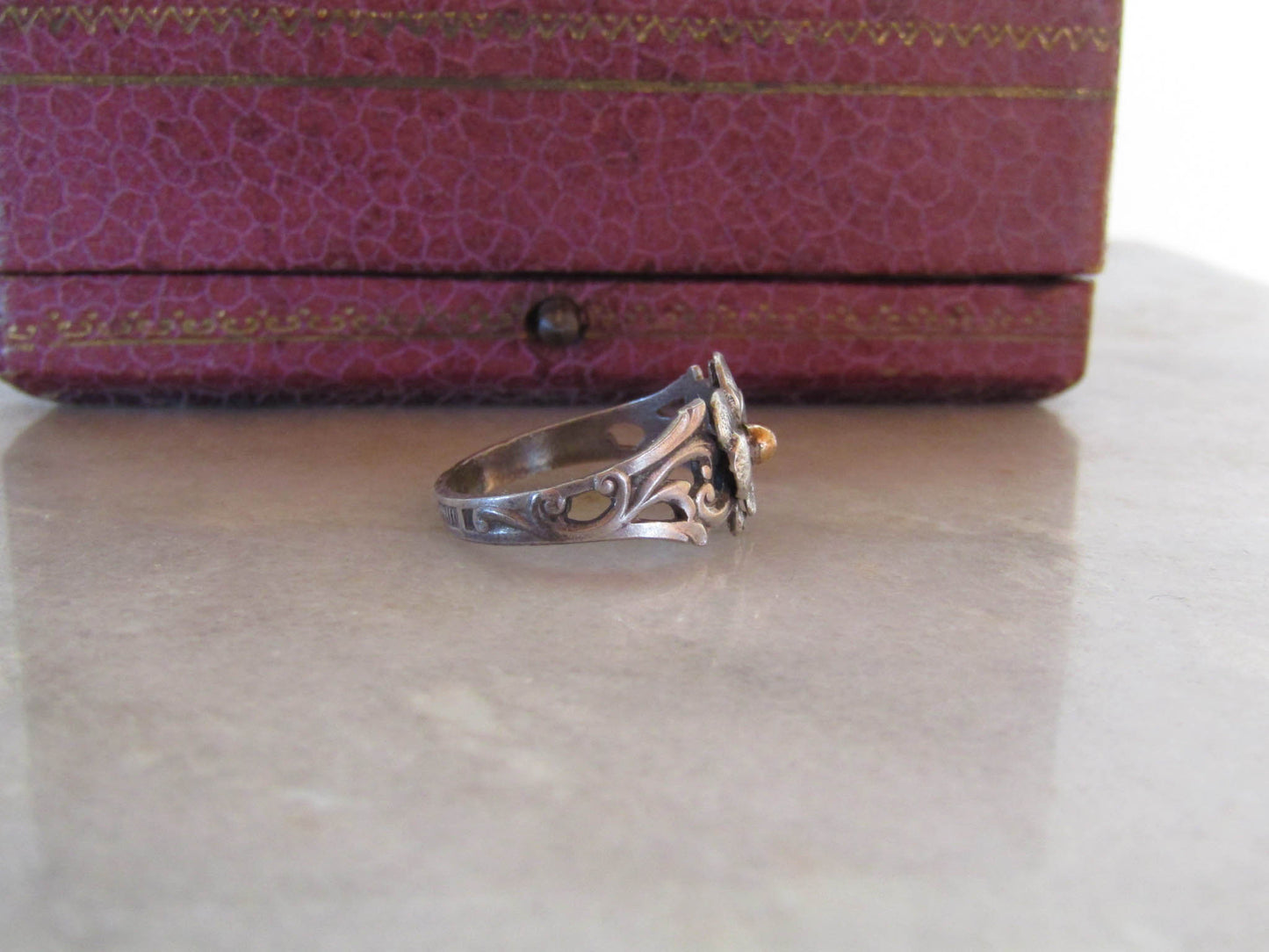 Antique French Silver Art Nouveau Dead Stock Pansy Romantic Ring c. 1900