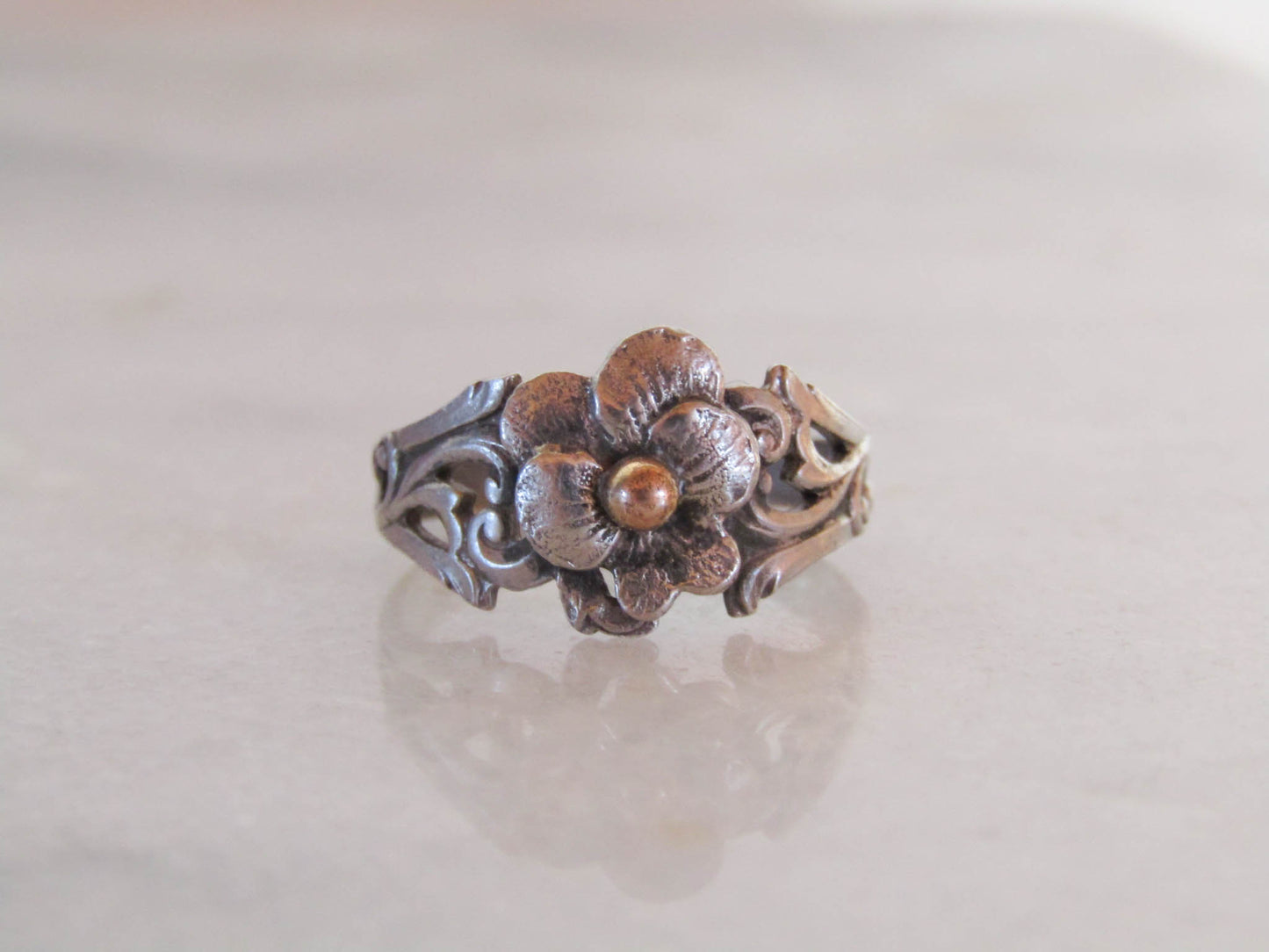 Antique French Silver Art Nouveau Dead Stock Pansy Romantic Ring c. 1900