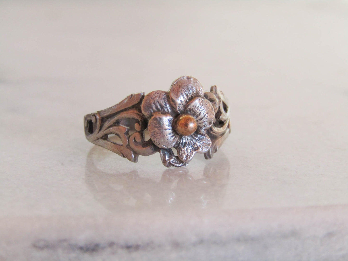 Antique French Silver Art Nouveau Dead Stock Pansy Romantic Ring c. 1900