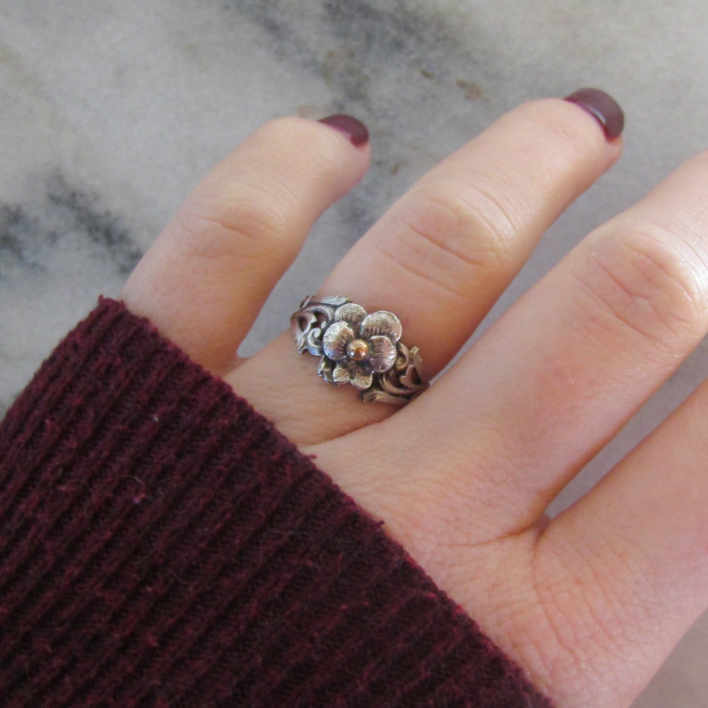 Antique French Silver Art Nouveau Dead Stock Pansy Romantic Ring c. 1900