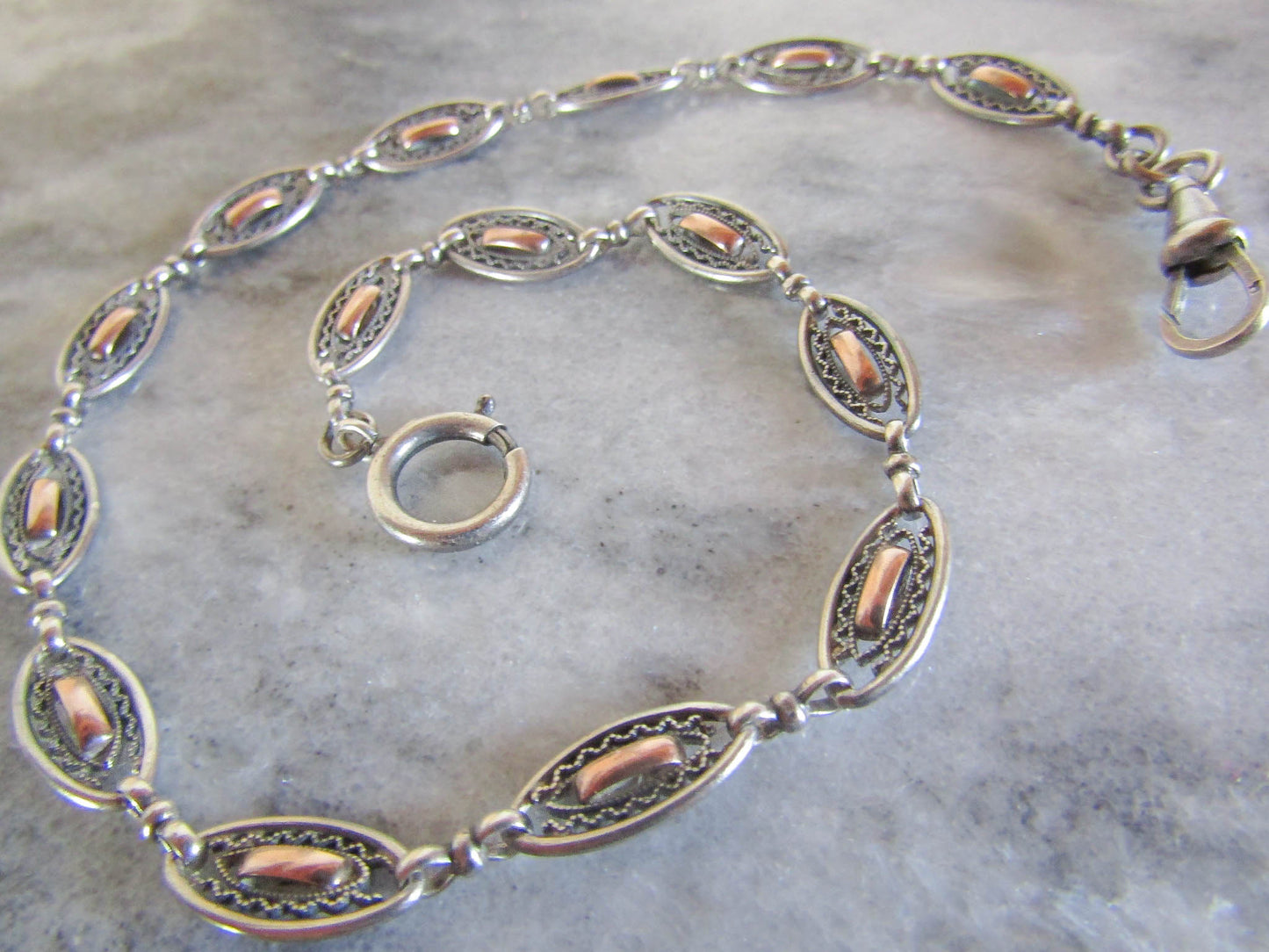 Antique French Silver and Rose Gold Fill Art Deco Watch Chain