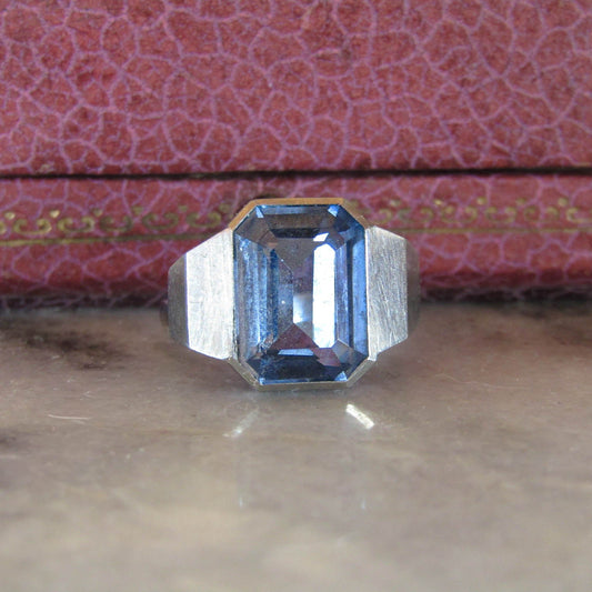 Vintage Silver Synthetic Blue Spinel French Art Deco Ring c. 1940