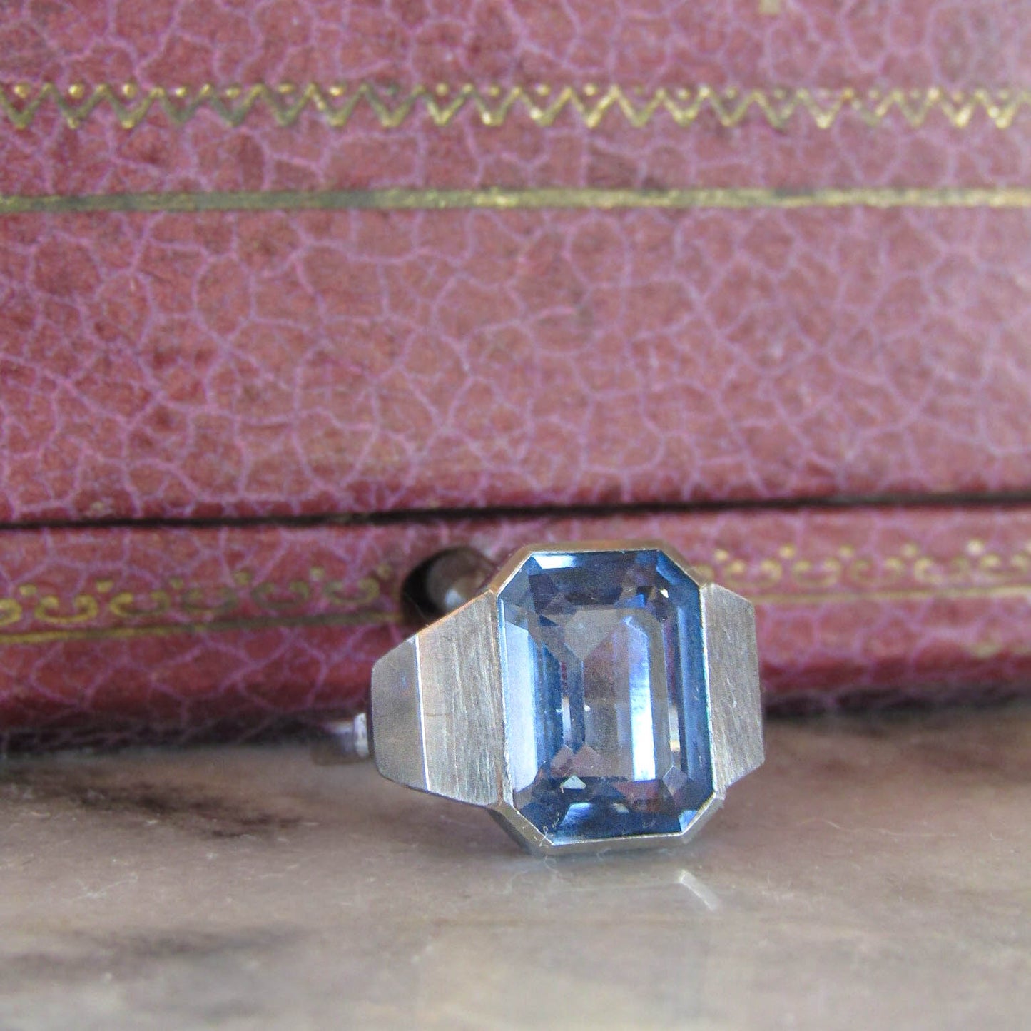 Vintage Silver Synthetic Blue Spinel French Art Deco Ring c. 1940