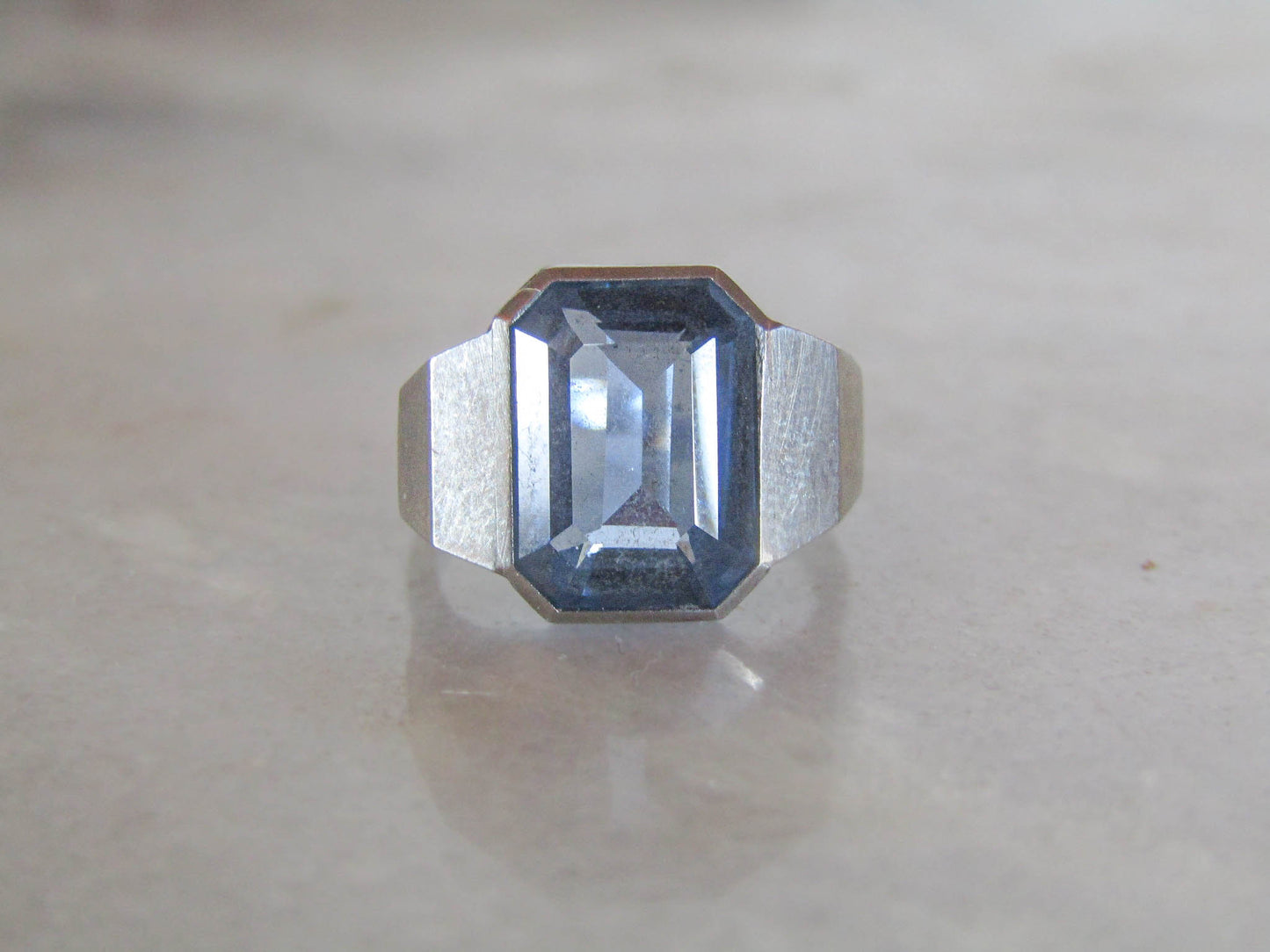 Vintage Silver Synthetic Blue Spinel French Art Deco Ring c. 1940