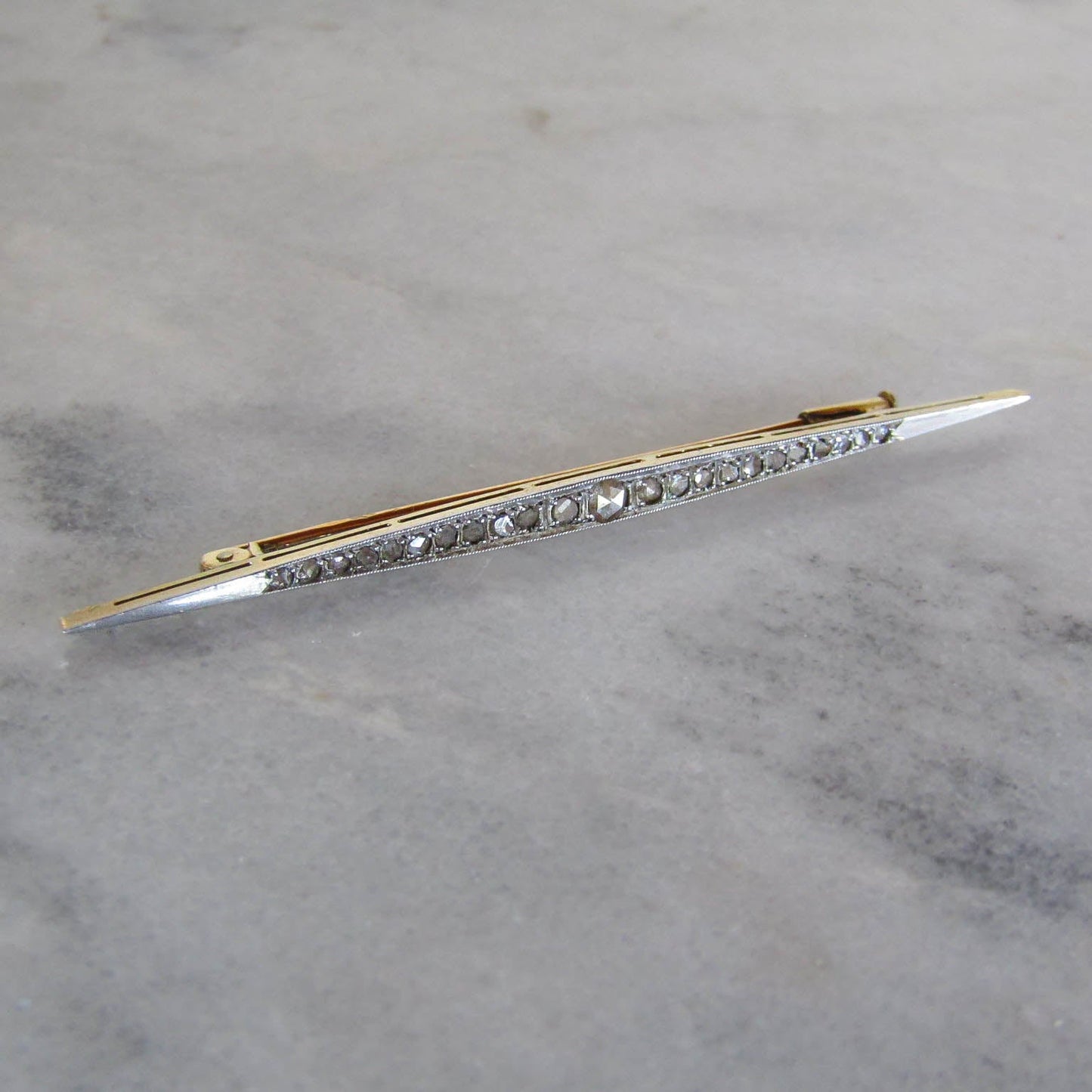 Antique Art Deco 18K Gold Bar Brooch with Rose Cut Diamonds c. 1925
