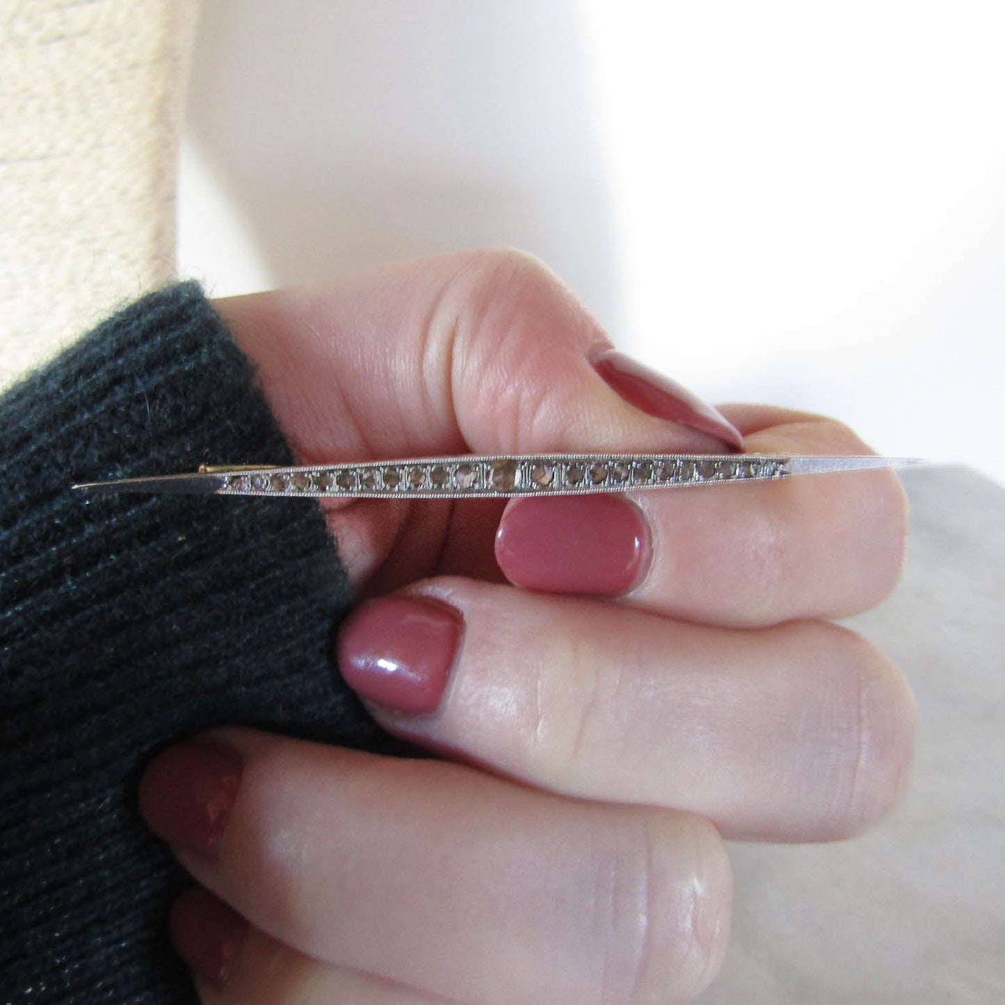 Antique Art Deco 18K Gold Bar Brooch with Rose Cut Diamonds c. 1925
