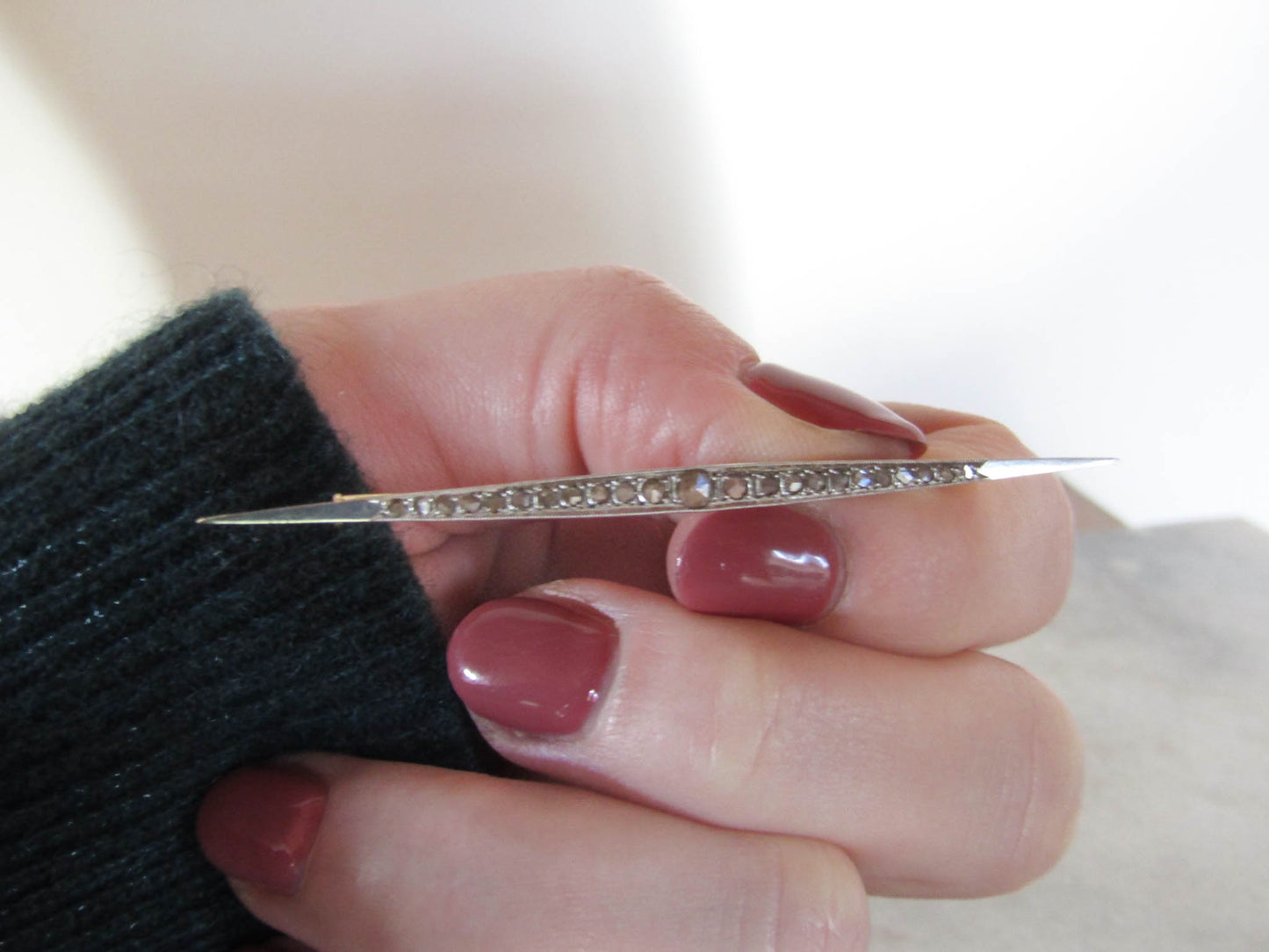 Antique Art Deco 18K Gold Bar Brooch with Rose Cut Diamonds c. 1925