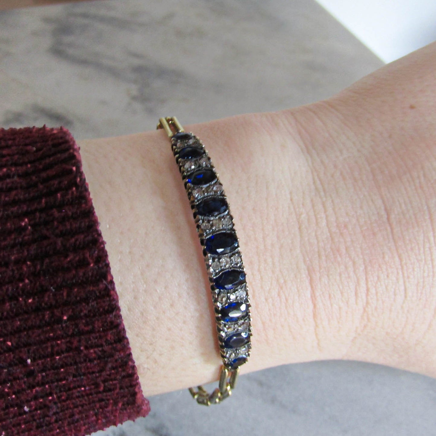 Antique French 18k Solid Gold Belle Epoque Spinel and Diamond Bracelet c. 1900