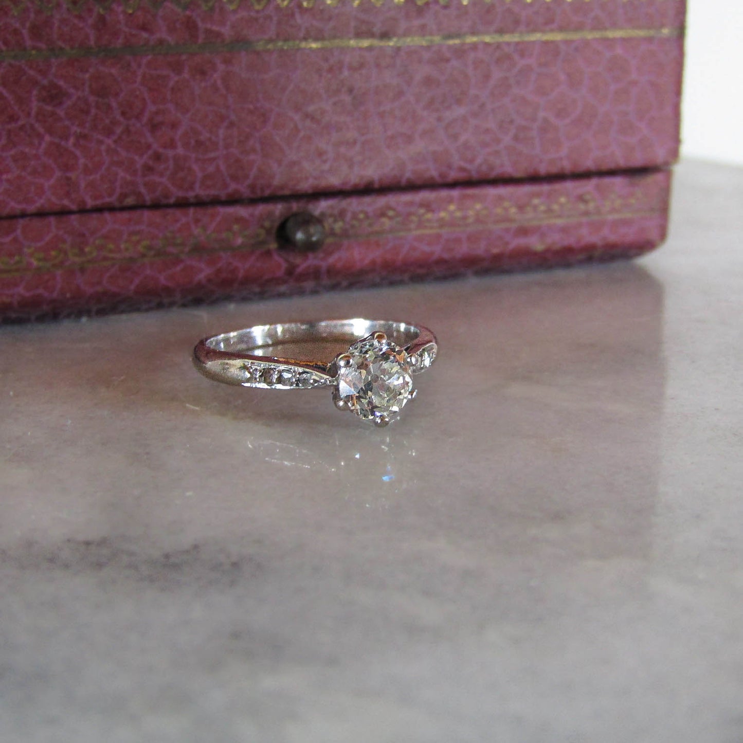 Antique French 18k White Gold Diamond Solitaire Ring, .75 carat Engagement Ring c. 1920