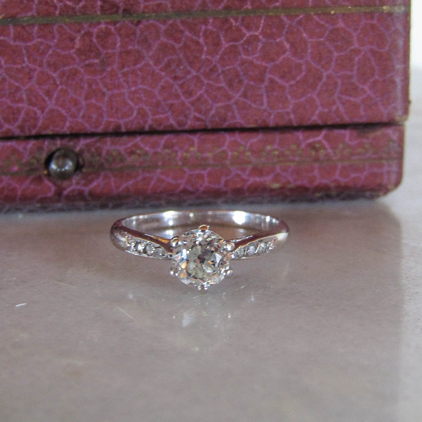 Antique French 18k White Gold Diamond Solitaire Ring, .75 carat Engagement Ring c. 1920