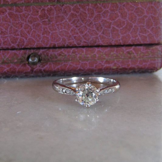 Antique French 18k White Gold Diamond Solitaire Ring, .75 carat Engagement Ring c. 1920