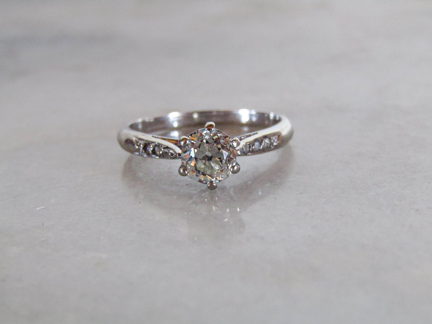 Antique French 18k White Gold Diamond Solitaire Ring, .75 carat Engagement Ring c. 1920