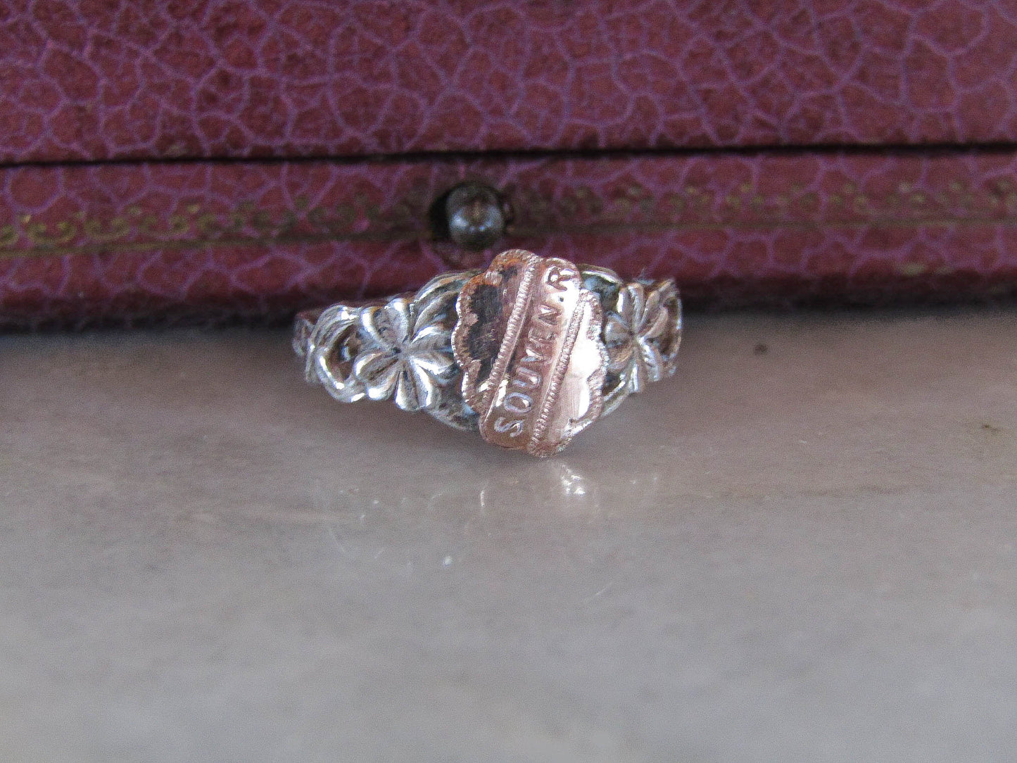 Antique French Silver Lucky "Souvenir" Shamrock Ring c. 1900