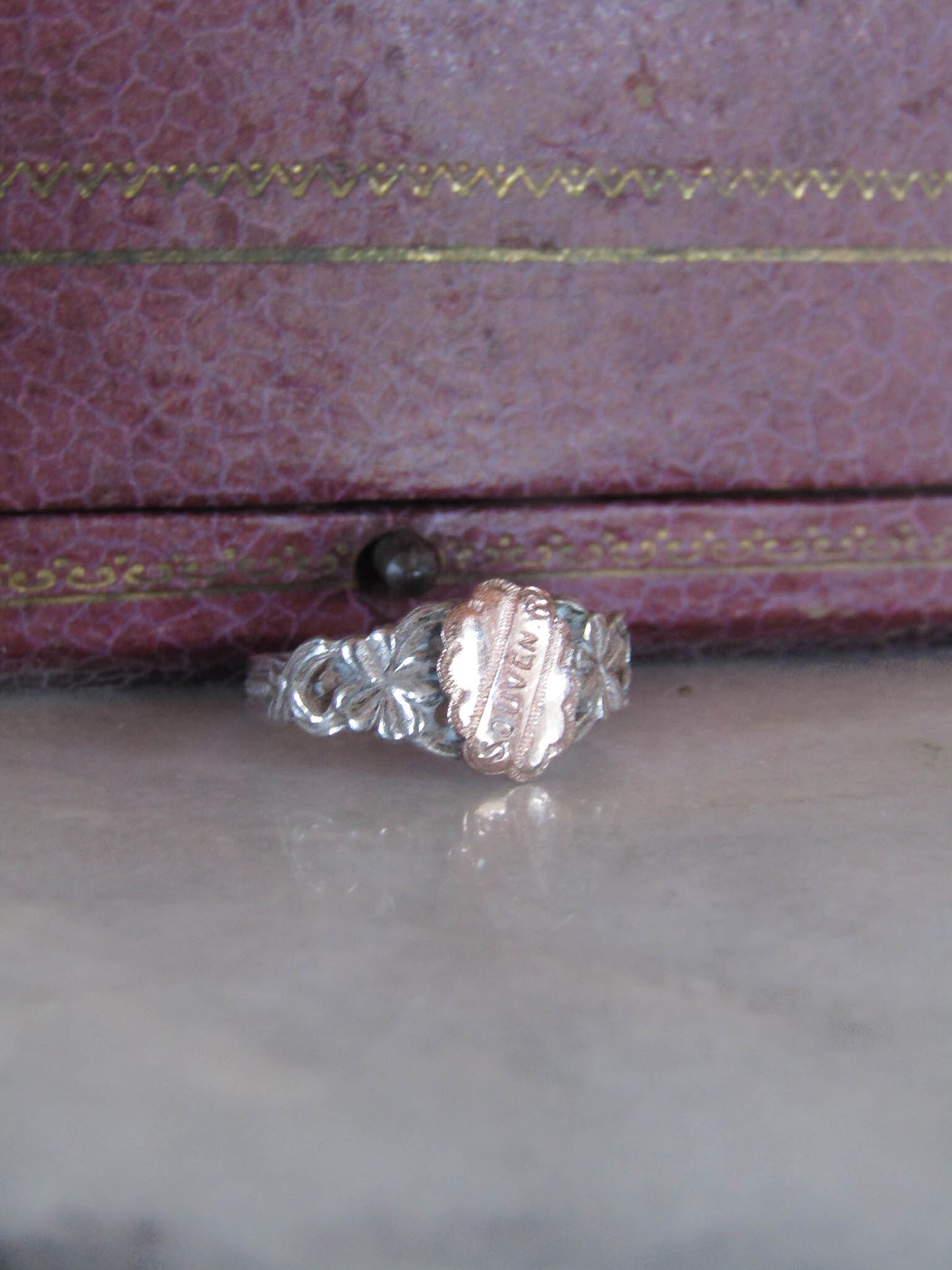 Antique French Silver Lucky "Souvenir" Shamrock Ring c. 1900