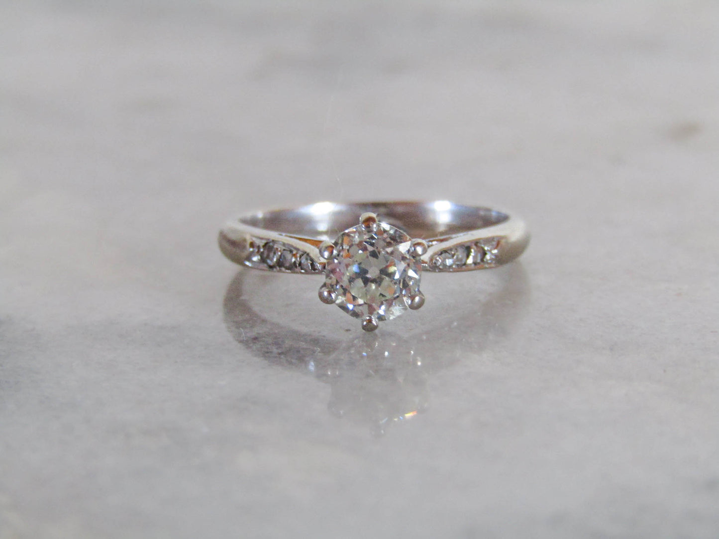 Antique French 18k White Gold Diamond Solitaire Ring, .75 carat Engagement Ring c. 1920