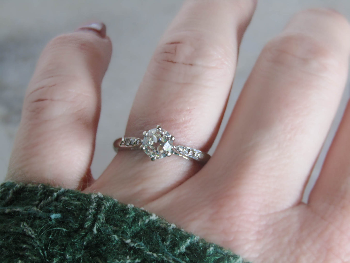 Antique French 18k White Gold Diamond Solitaire Ring, .75 carat Engagement Ring c. 1920