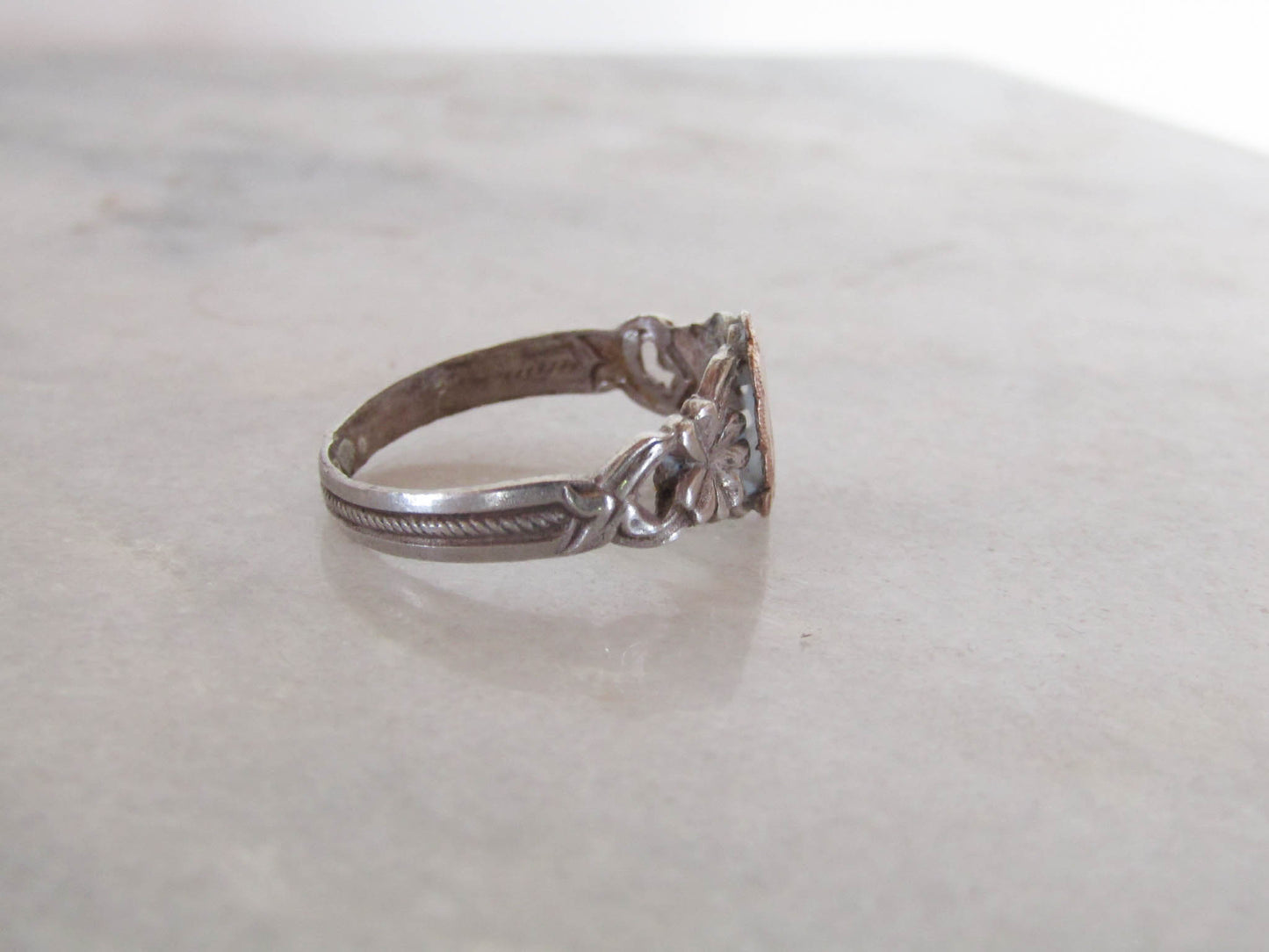 Antique French Silver Lucky "Souvenir" Shamrock Ring c. 1900