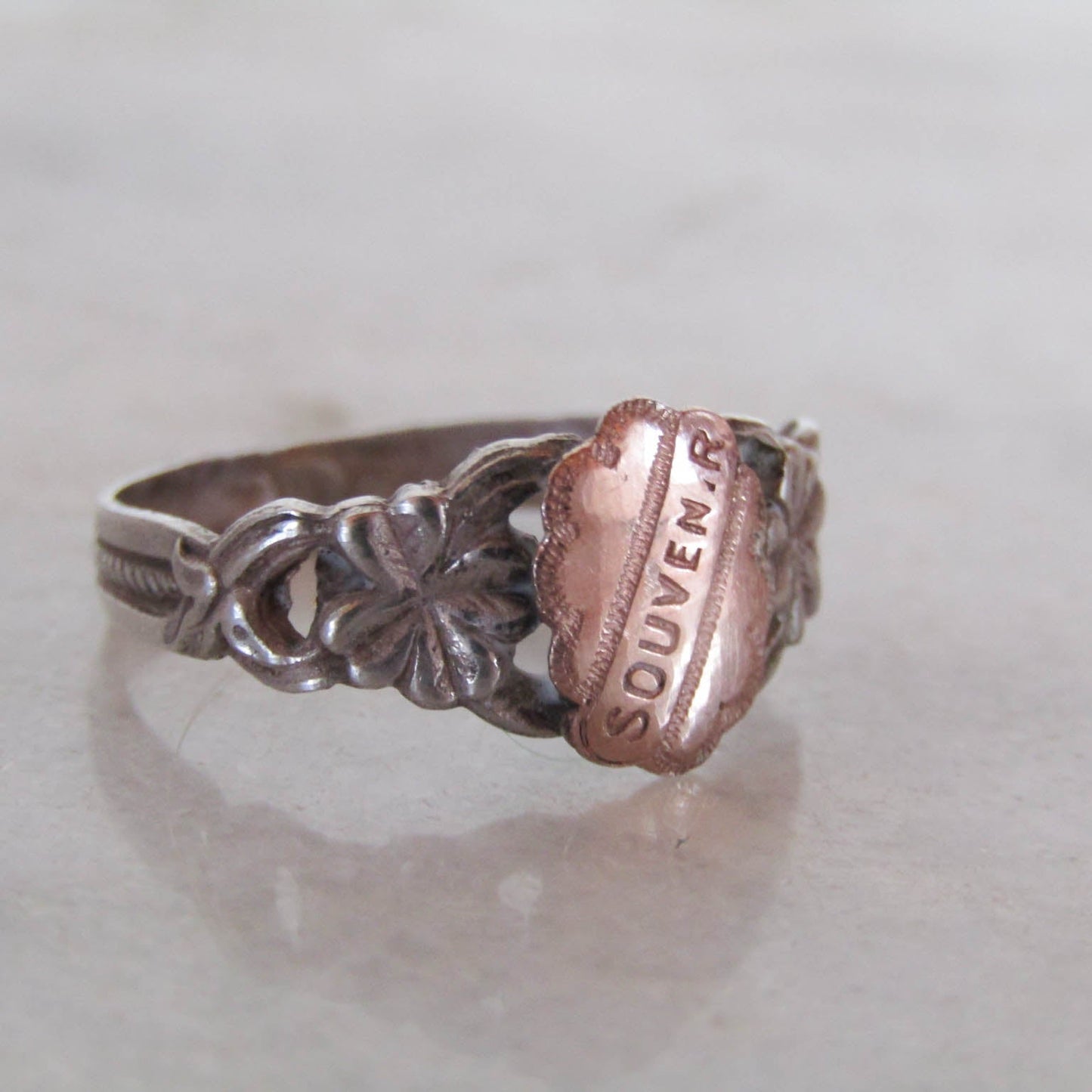 Antique French Silver Lucky "Souvenir" Shamrock Ring c. 1900