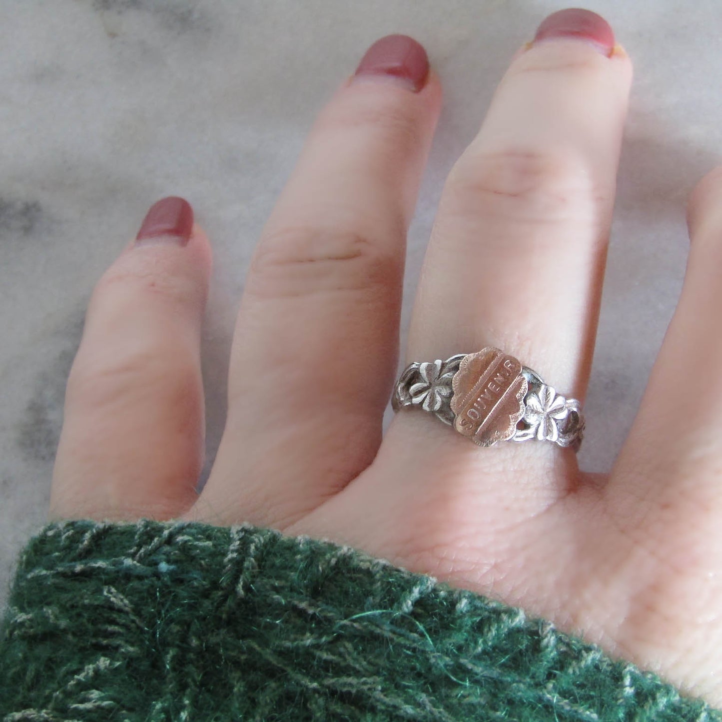 Antique French Silver Lucky "Souvenir" Shamrock Ring c. 1900