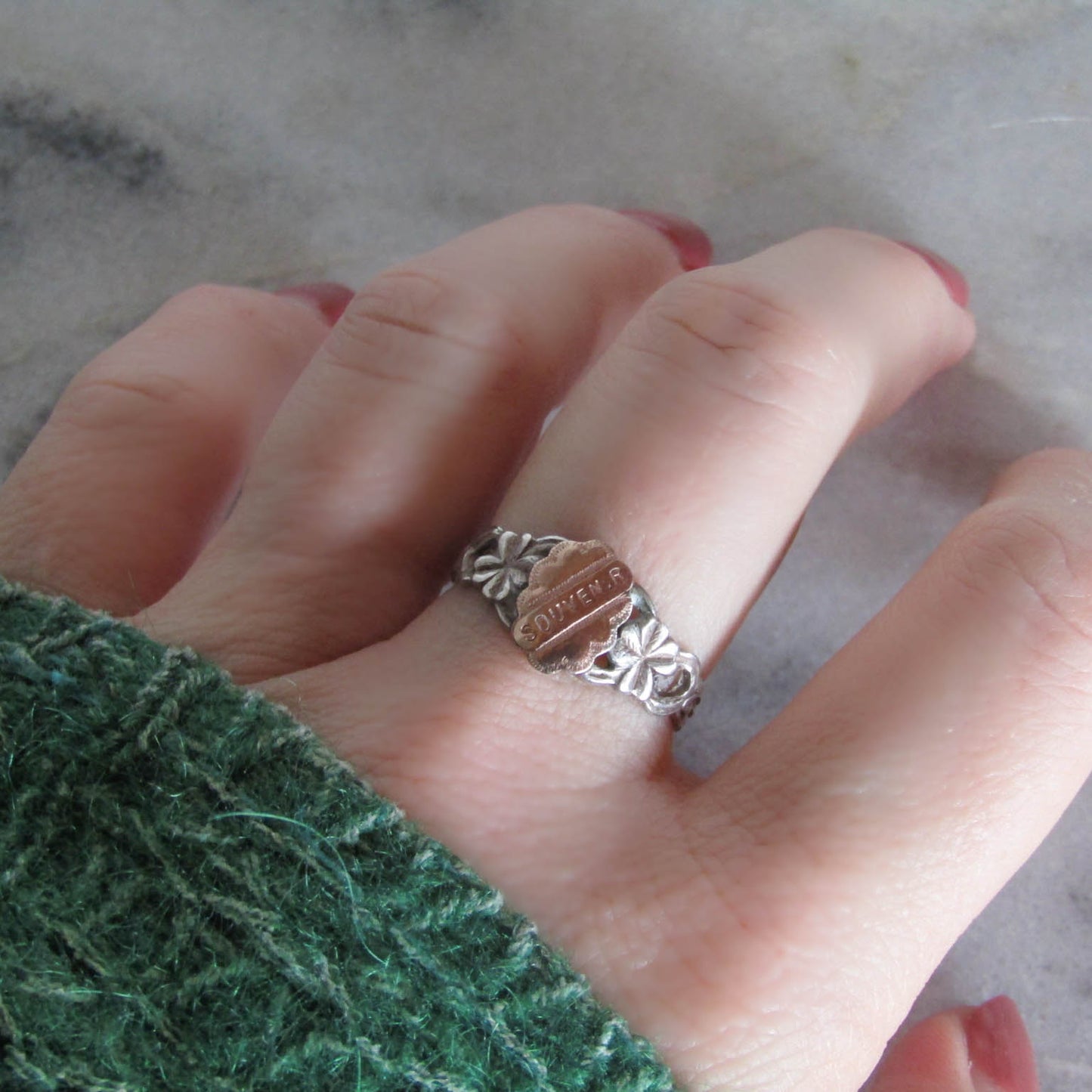 Antique French Silver Lucky "Souvenir" Shamrock Ring c. 1900