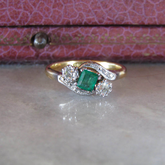 Antique 18K Gold Emerald Diamond "Toi et Moi" Ring, Belle Epoque Platinum Setting