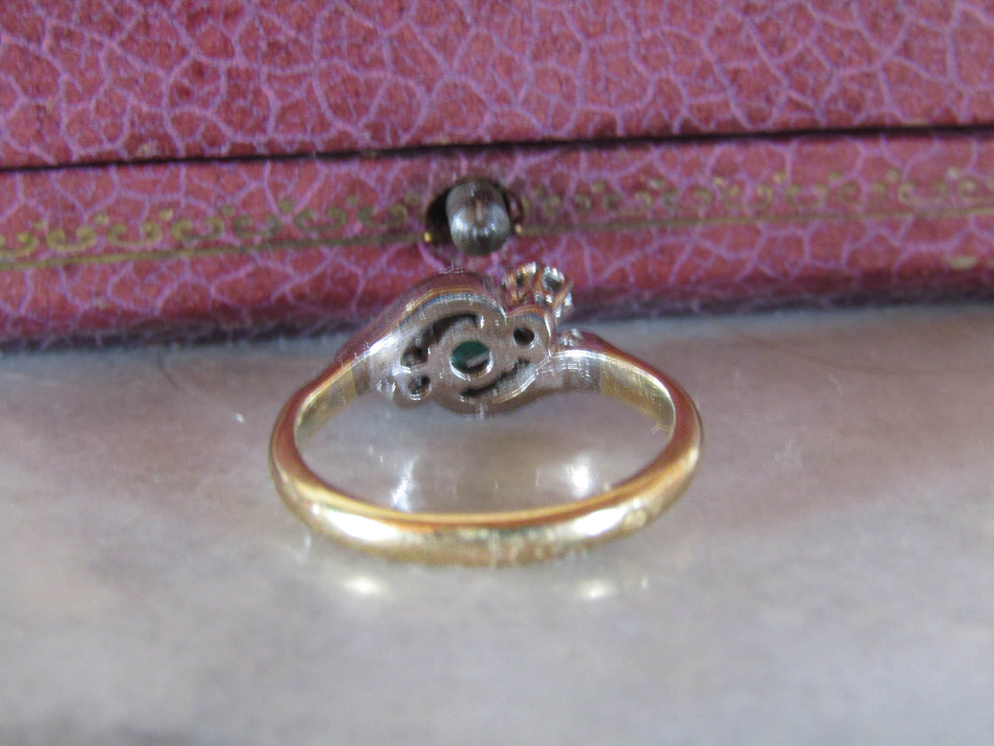 Antique 18K Gold Emerald Diamond "Toi et Moi" Ring, Belle Epoque Platinum Setting