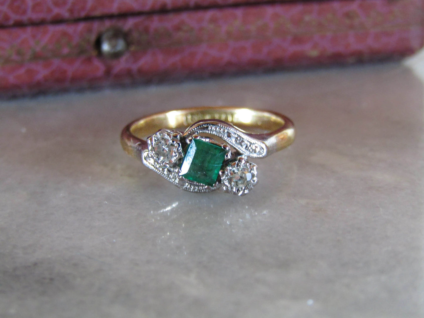 Antique 18K Gold Emerald Diamond "Toi et Moi" Ring, Belle Epoque Platinum Setting