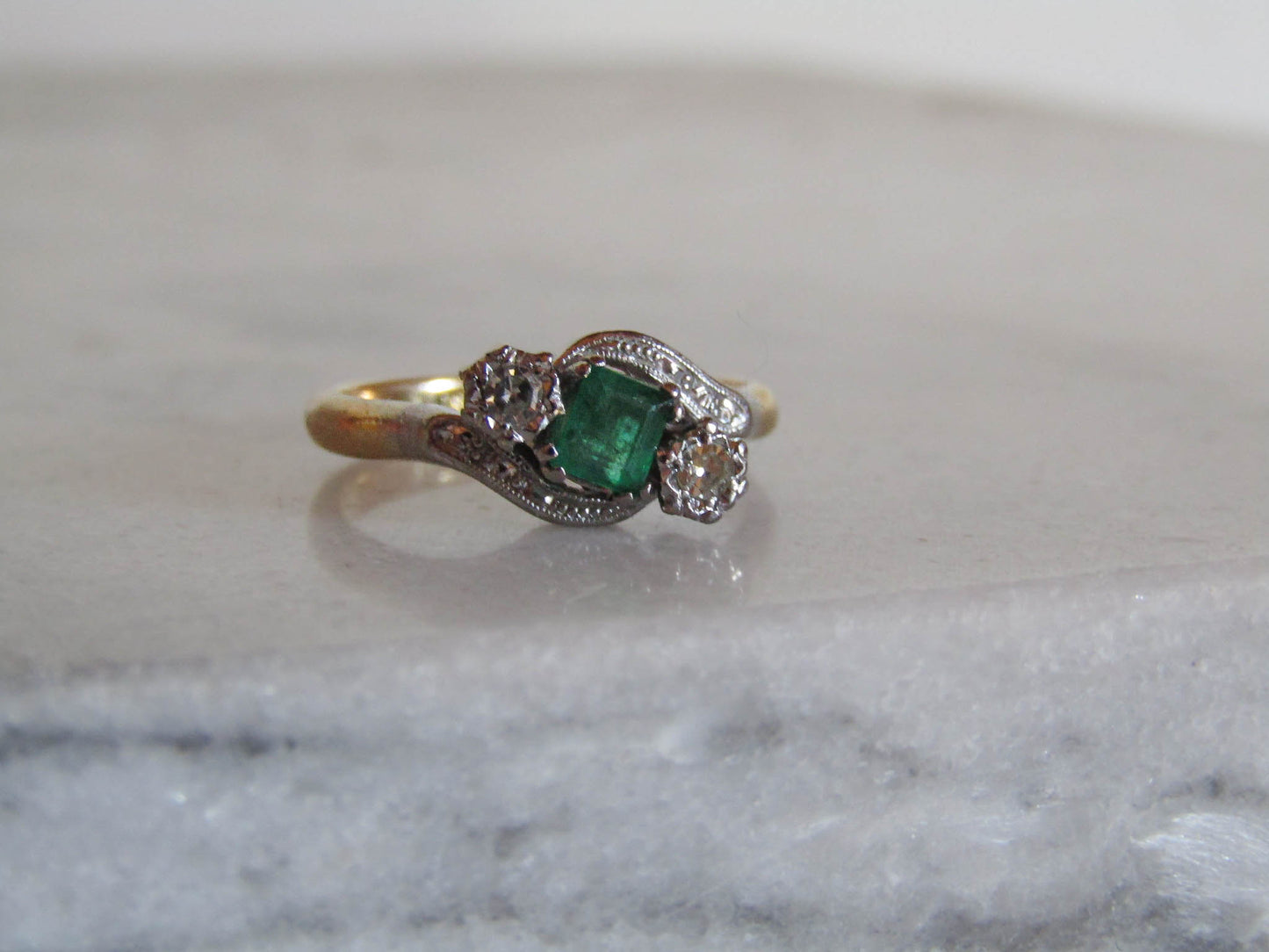 Antique 18K Gold Emerald Diamond "Toi et Moi" Ring, Belle Epoque Platinum Setting