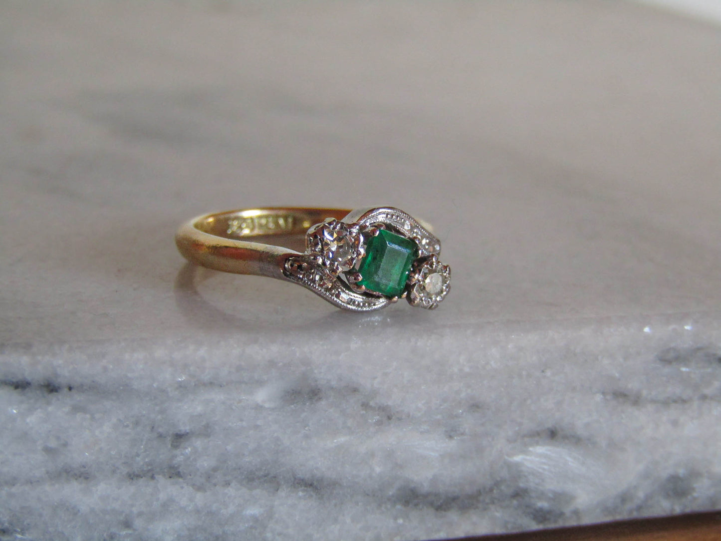 Antique 18K Gold Emerald Diamond "Toi et Moi" Ring, Belle Epoque Platinum Setting