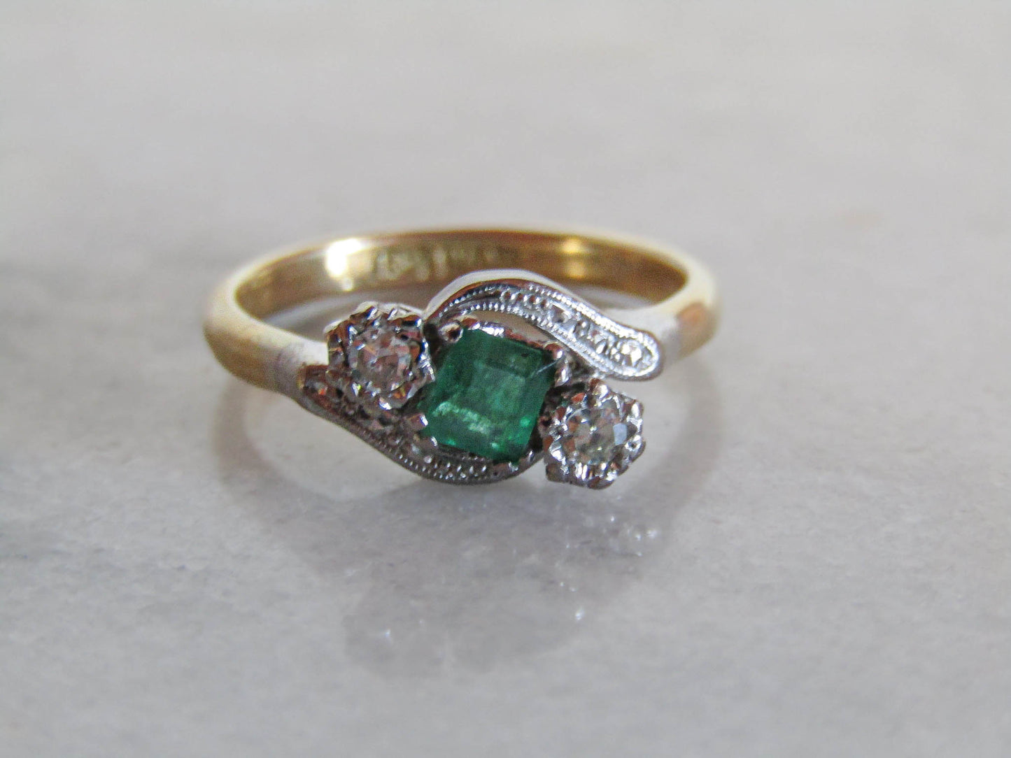 Antique 18K Gold Emerald Diamond "Toi et Moi" Ring, Belle Epoque Platinum Setting