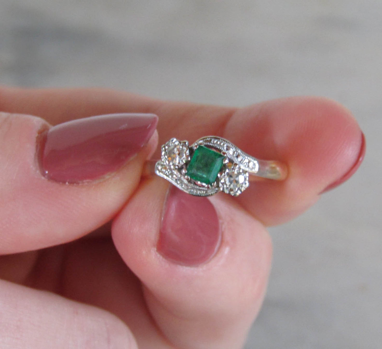 Antique 18K Gold Emerald Diamond "Toi et Moi" Ring, Belle Epoque Platinum Setting